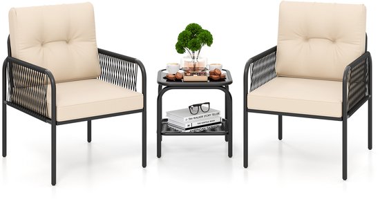 COSTWAY 3-delige tuinmeubelset, balkonset met 2 stoelen en tafel, balkonmeubels met ademende stof, terrasmeubels, tuingarnituur, zitgroep voor terras, balkon, tuin, zwart COSTWAY 3-delige tuinmeubelset, balkonset met 2 stoelen en tafel, balkonmeubels met ademende stof, terrasmeubels, tuingarnituur, zitgroep voor terras, balkon, tuin, zwart