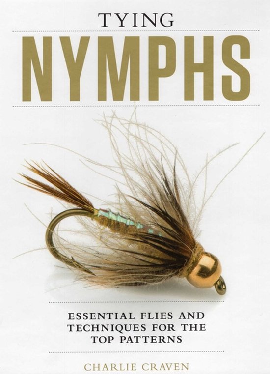 Boek "Tying Nymphs" met een afbeelding van een vliegvishengel