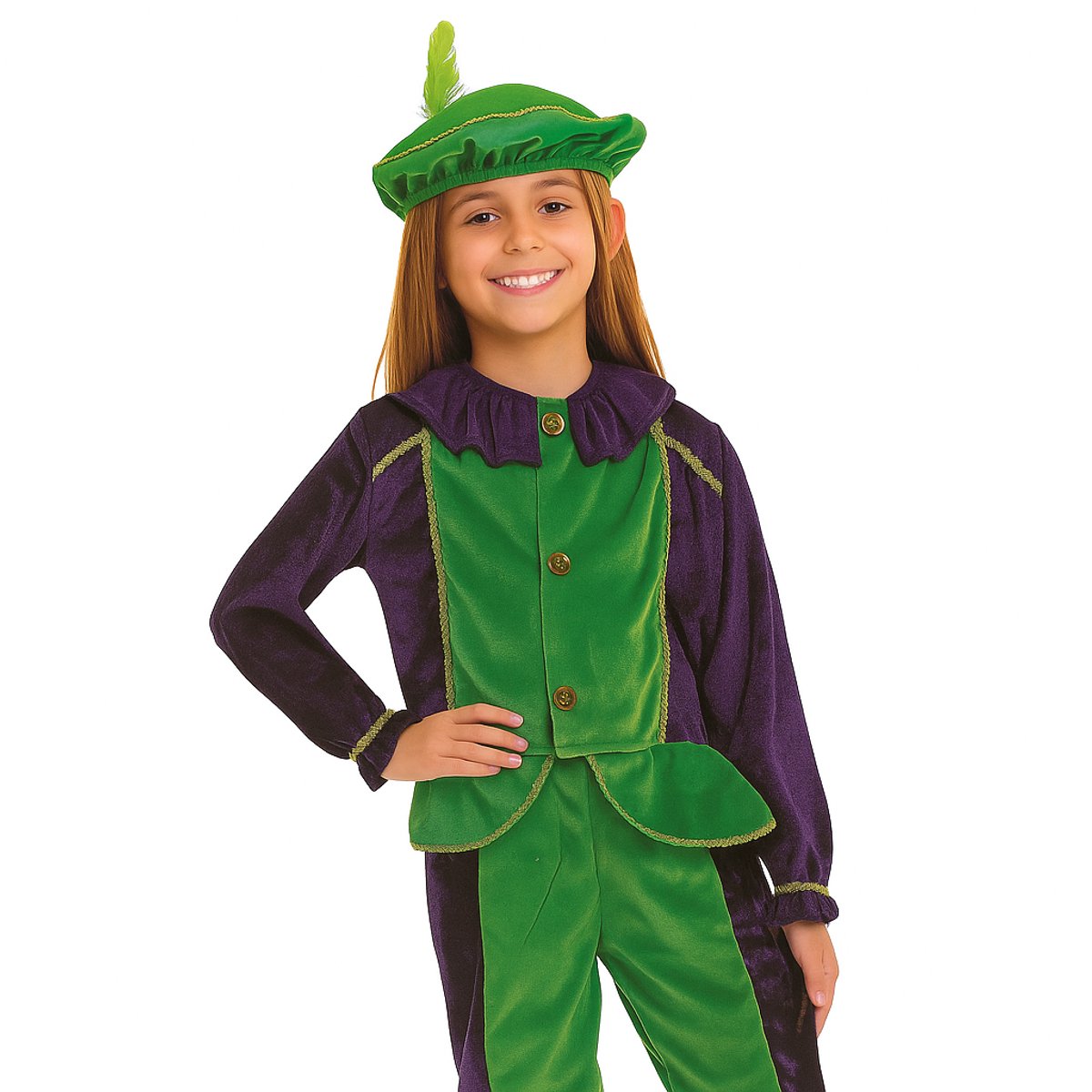 Pietenpak Kind 6-8 Jaar – Groen Paars – 3-Delig Pieten Kostuum met Muts – PartyFX Verkleedkleding