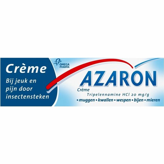 Tube Azaron crème met blauwe, witte en rode opdruk. Voor jeuk en pijn door insectensteken. Tripelennamine HCl 20 mg/g.