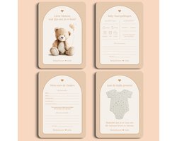 Gepersonaliseerde Babyshower Invulkaarten Startersset - 20 Kaarten | Boho Zand met Beertje | 4 x 5: Baby Voorspellingen, Wens voor de Ouders, Mini Welkomstposter & Cadeautje met Groeipapier | Babyshower Spelletjes | Studio Miron