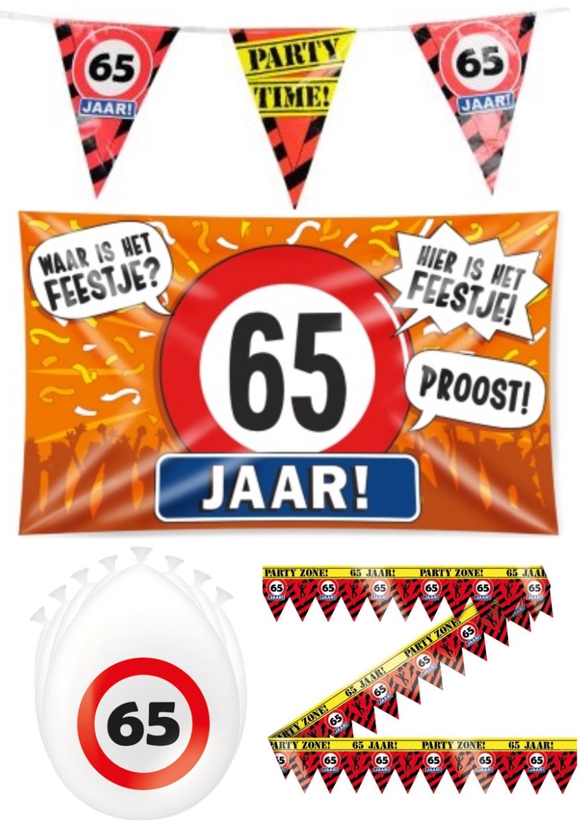 65 jaar versiering pakket - Versiering Verjaardag - Versiering Jaar Verjaardag - Slingers - Gevelvlag- Ballonnen – Afzetlint