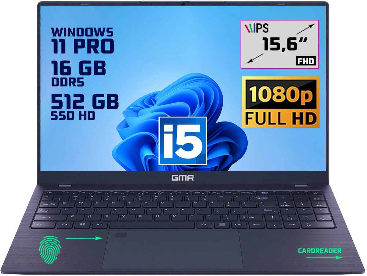 GMR | Elegante 15.6-inch Laptop voor Professionals | Intel i5 Processor - 16GB DDR5 RAM - 512GB M.2 SSD | Perfect voor Office & Zakelijk Gebruik (Windows 11 Pro)