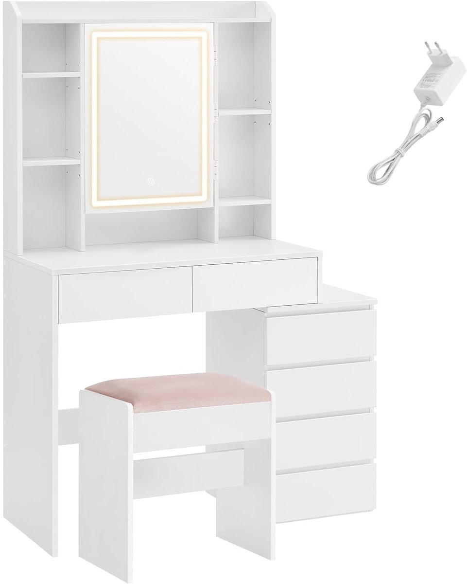Kaptafel met LED Spiegel & Krukje – Make-up Tafel met Lades en Open Planken - Wit - 40x97.5x145cm