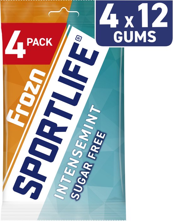 Sportlife frozn intense suikervrije kauwgom verpakking, 4x12 stuks, met '4x 12 GUMS' label.