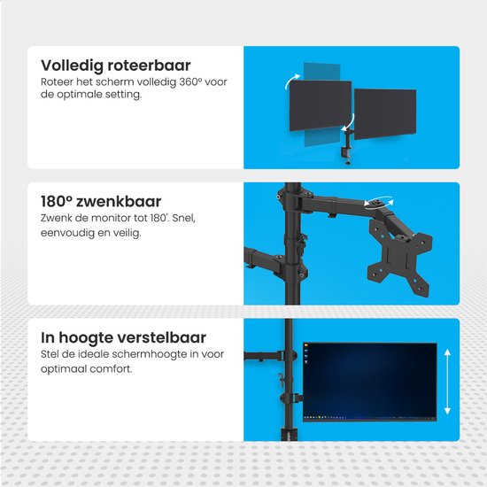 Auronic Monitor Arm - 2 Schermen - 13 tot 27 Inch - Verstelbaar - Draai, Kantel en Zwenkbaar - Dubbele Monitor Beugel - Staal - Zwart