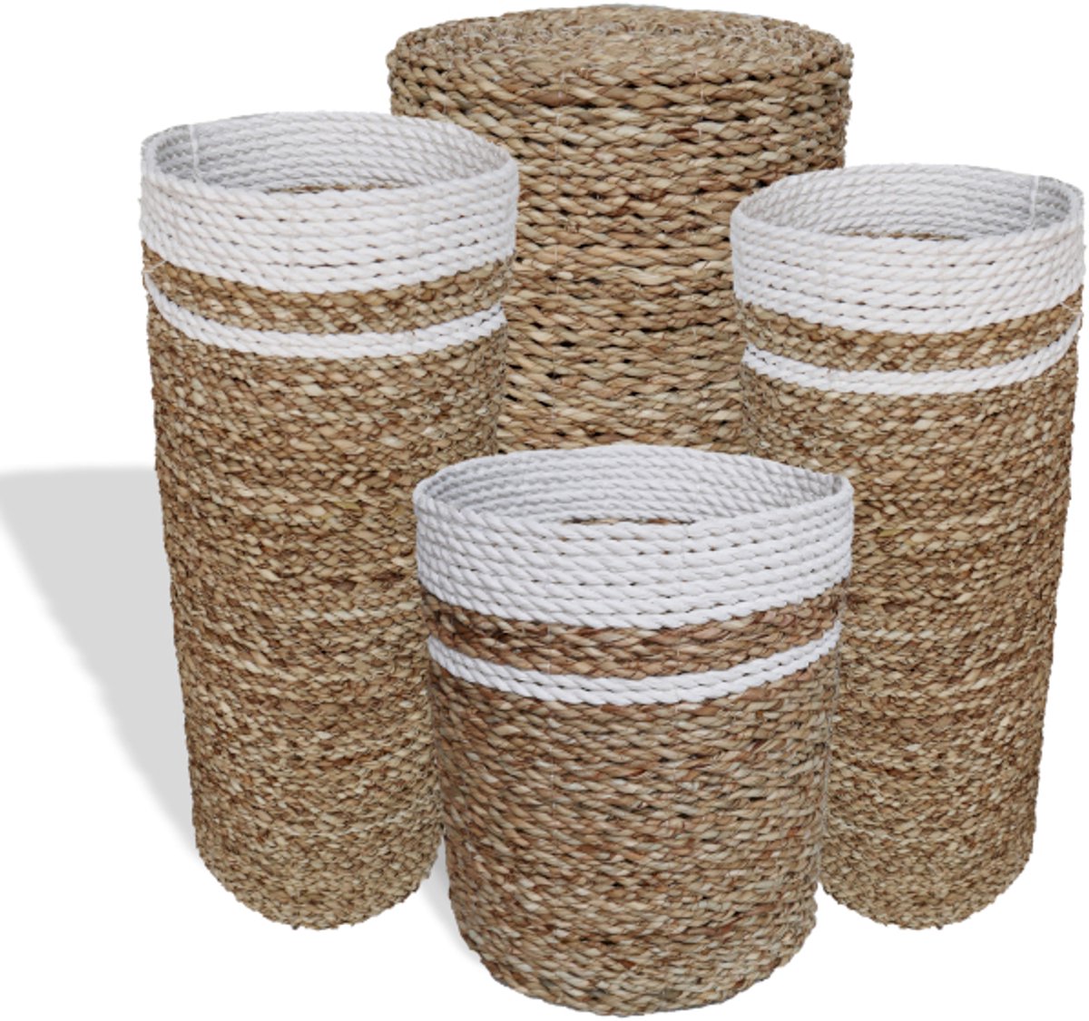 Rieten Manden Set - 4 Stuks - Naturel & Wit - Zeegras - Hoge Ronden Manden & Vazen