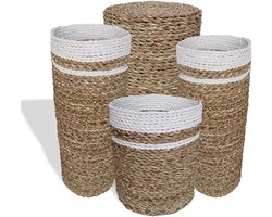 Rieten Manden Set - 4 Stuks - Naturel & Wit - Zeegras - Hoge Ronden Manden & Vazen