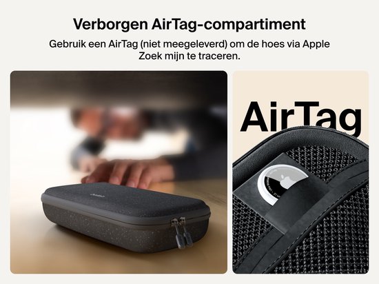 Een grijze Nintendo Switch 2 hoes op een tafel. Close-up van het verborgen AirTag-compartiment aan de binnenkant.
