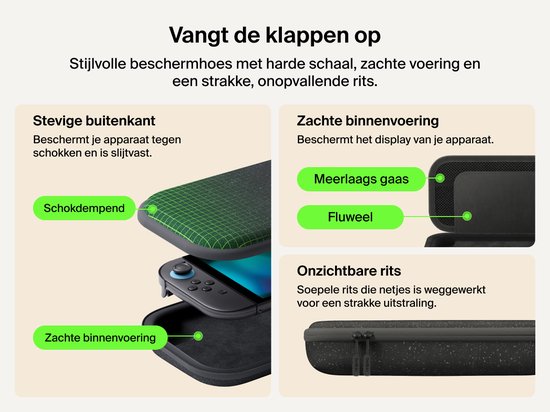 Zwarte beschermhoes met een groen rasterpatroon, zachte binnenvoering en een rits.