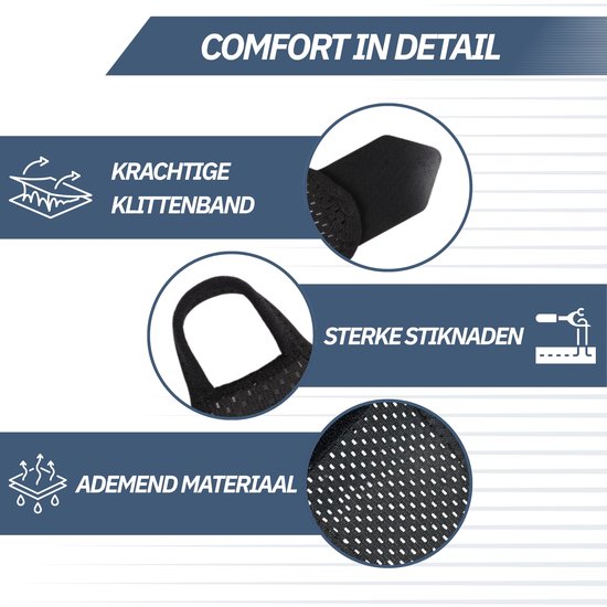 Details van de zwarte polsbrace: sterke klittenband, stevige stiksels en ademend mesh materiaal.