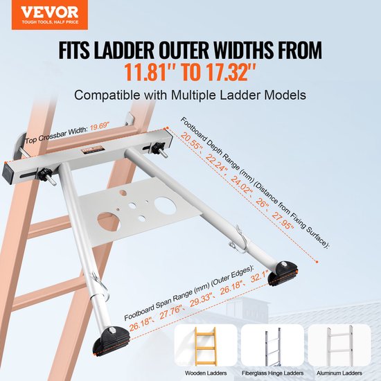 VEVOR ladder stabilisator met een breedte van 20.55" tot 27.95" en top dwarsbalk breedte van 19.69", voor houten, glasvezel en aluminium ladders.