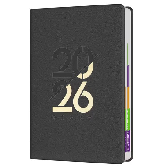 Agenda journalier A5 2026 avec onglets – Agenda quotidien avec aperçus mensuels colorés – Pour le travail, les École et les loisirs – Elegant – Zwart