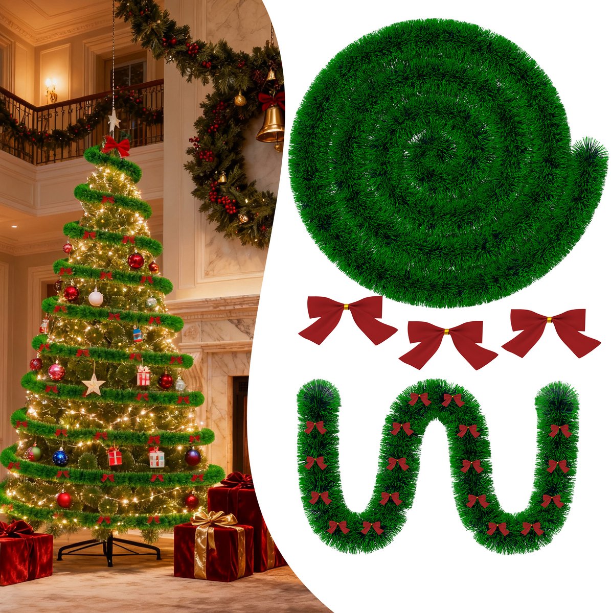 12m kerstslinger,dennenslinger met strikje, kerstslinger, kerstversiering, deurkrans voor deuren, trappen, kerstbomen, kerstboomversiering, feestelijke decoratie (groene rand)