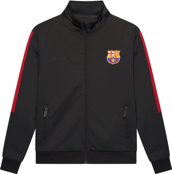 Zwarte trainingsjas met rode strepen op de mouwen en het FC Barcelona-logo op de borst. 'Barça'-opschrift op de borst.