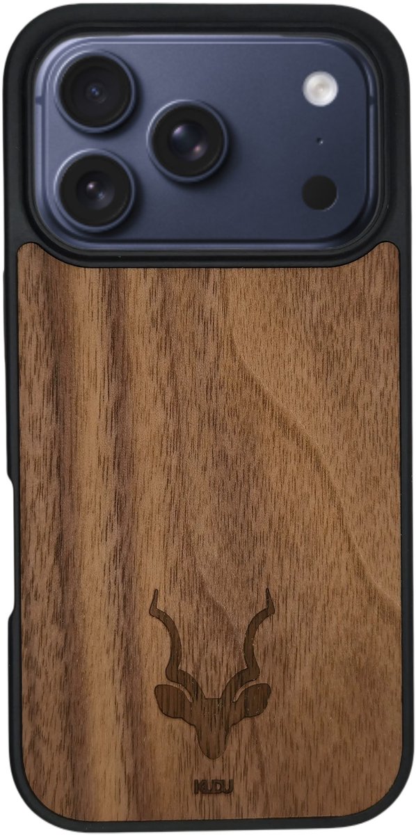Kudu iPhone 17 Pro hoesje case - Houten backcover - Handgemaakt en afgewerkt met duurzaam TPU - Walnoot - Zwart