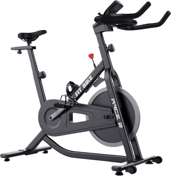 Zwarte FitBike Race 2 spinfiets met verstelbaar zadel en stuur. Trainingscomputer met display.