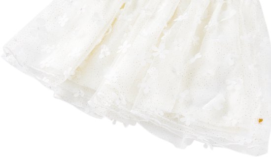 Off-white tule rok met bloemenapplicaties en gouden spikkels.