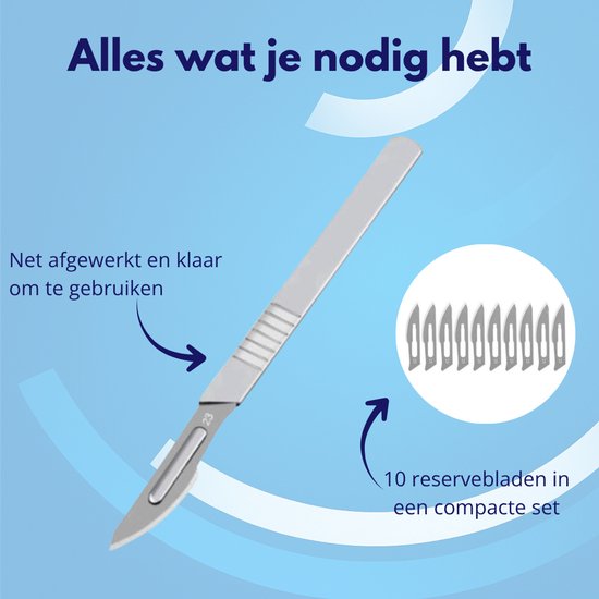 Zilverkleurig scalpelmes met 10 reservemesjes in een compacte set.