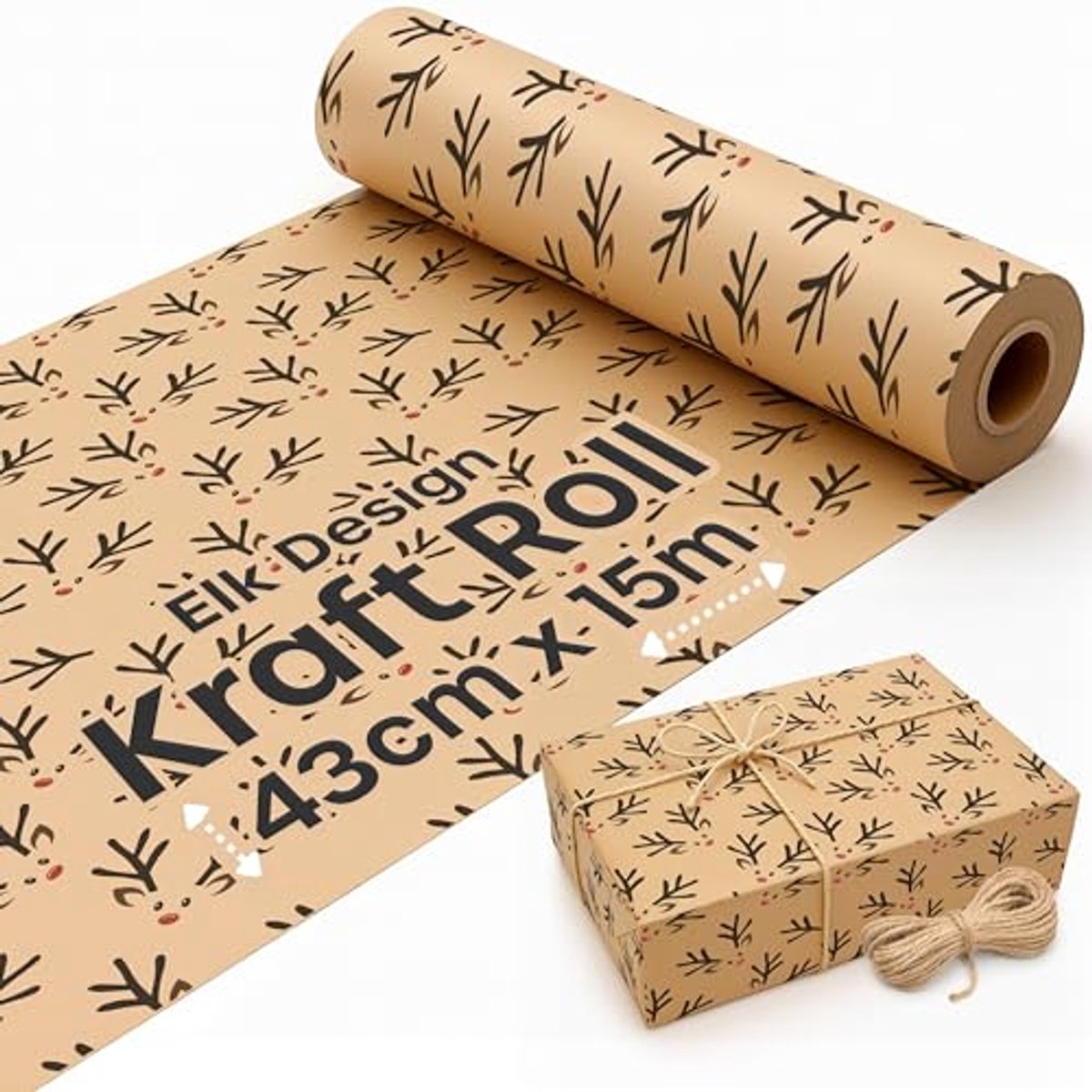Milieuvriendelijk Recyclebaar Kraft Inpakpapier met Elandontwerp voor Kerstcadeaus - 15M Bruin Cadeaupapier (43 cm Breed)