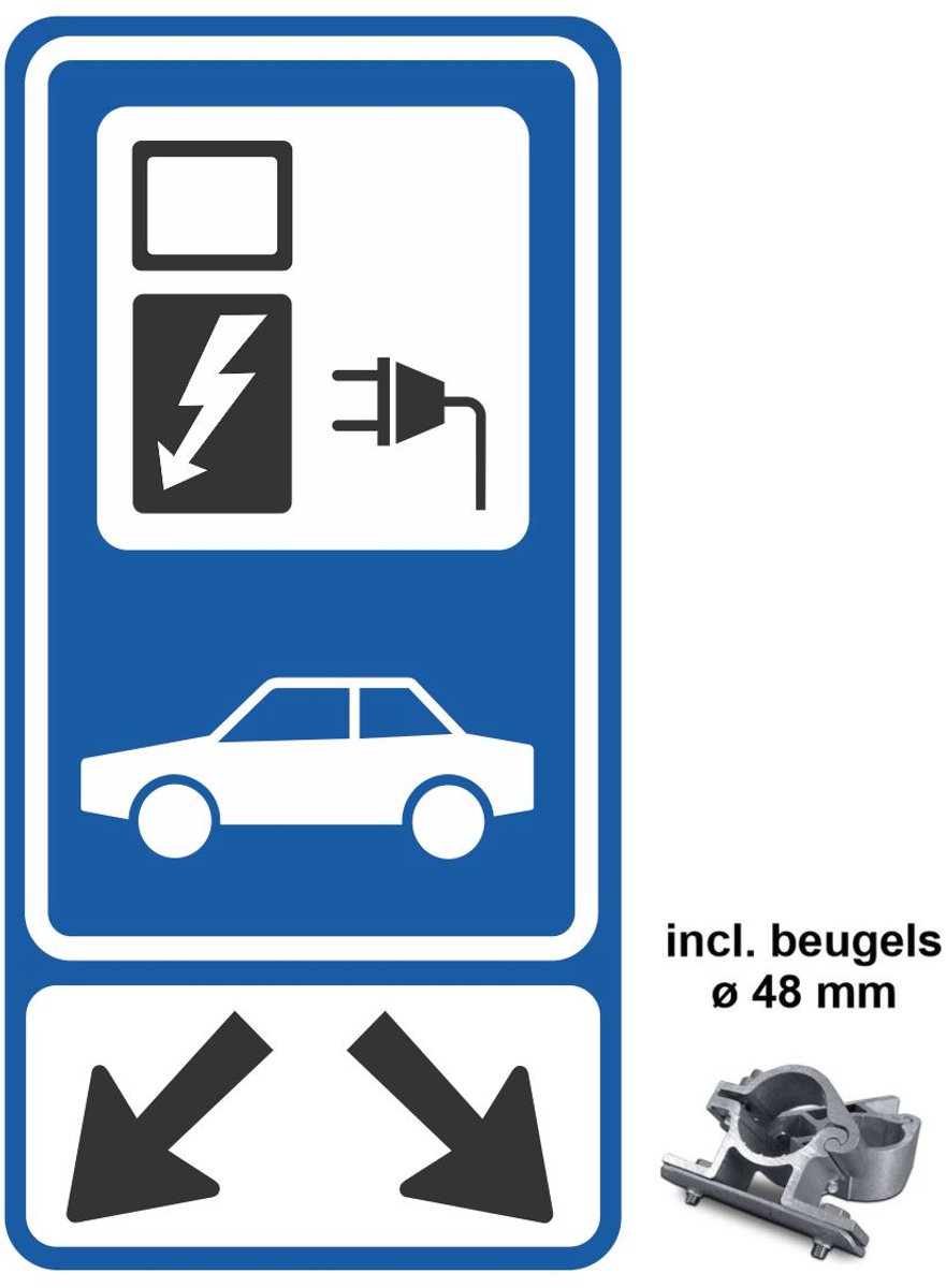 Verkeersbord Laadpaal bord - Laadplaats bord elektrische auto 40x80 cm reflecterend - elektrisch laden bord + beugels ø 48 mm
