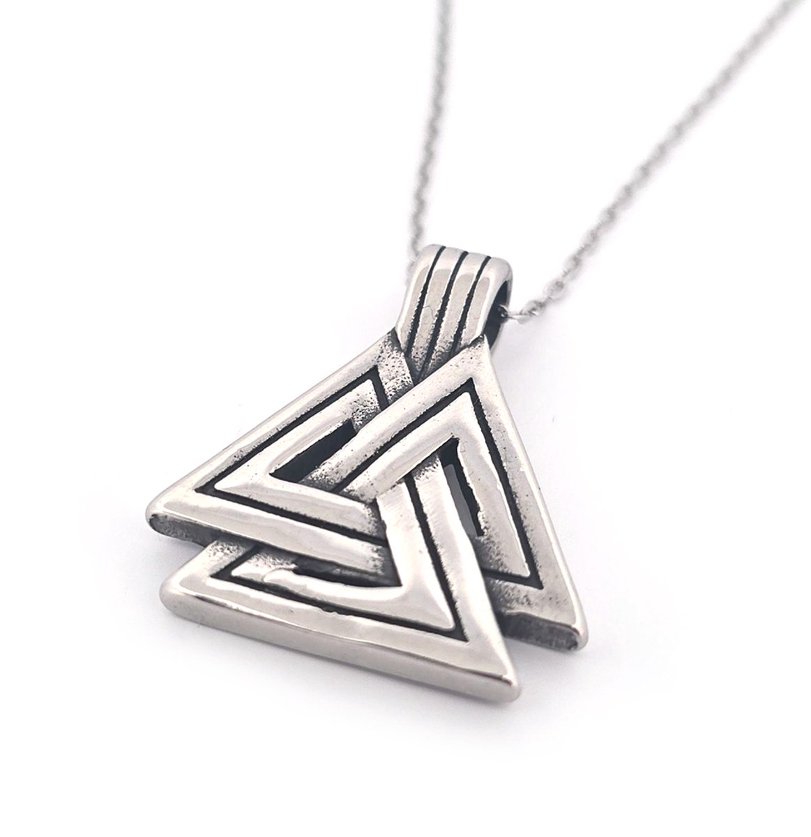 Stalen ketting met Viking hanger - Valknut Symbool - zilverkleurig - keltische stijl - driehoeken - 316L stainless steel