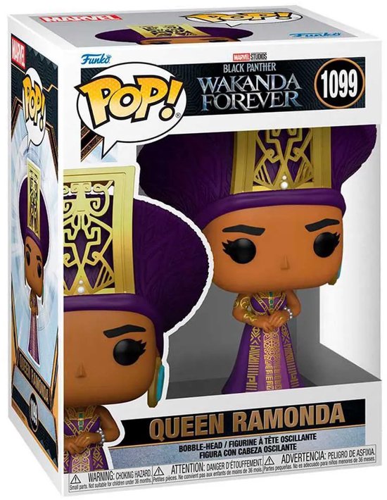 Queen Ramonda Funko Pop! figuur in paarse jurk met gouden versieringen en grote paarse hoofdtooi met gouden accenten, in de verpakking.