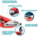 Diagram van rode opblaasbare kajak met labels voor accessoires en opbergruimte.