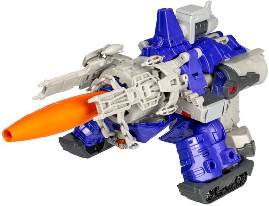Galvatron actiefiguur in tankmodus, met een groot oranje kanon, grijze details en blauwe pantsers.