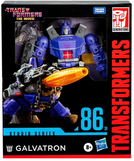 Studio Series Galvatron met oranje kanon, zittend op grijze tank. Blauwe robot met grijze details en rode borst. Doos met afbeelding van de robot.