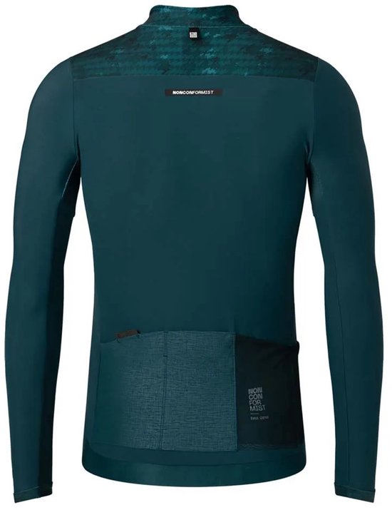 Donkergroen fietsshirt met lange mouwen, geborduurd kraagdetail en zakken op de rug.
