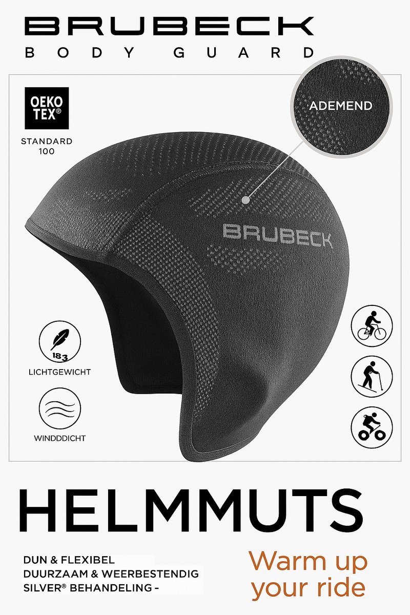 Brubeck Helmmuts Thermomuts met Zilverionen – Ademend & Comfortabel – Active Hat – Unisex – Zwart -L/XL