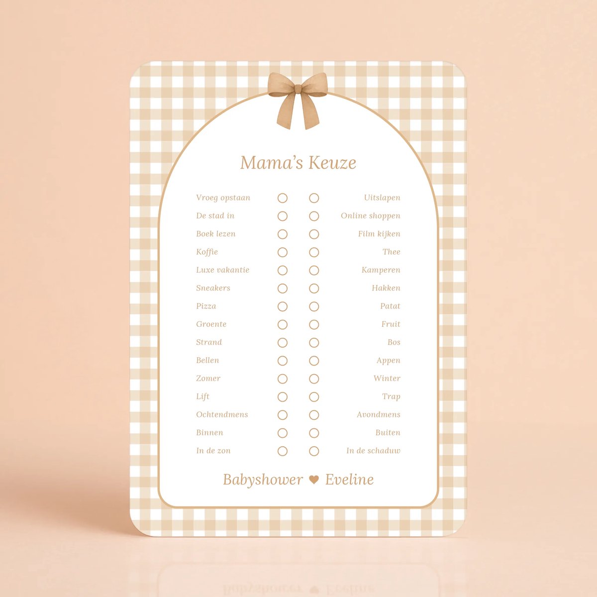 Gepersonaliseerde Gender Reveal & Babyshower invulkaarten – Mama's Keuze – Gingham Bruin - 20 Stuks - Babyshower Cadeau - Babyshower Spelletjes