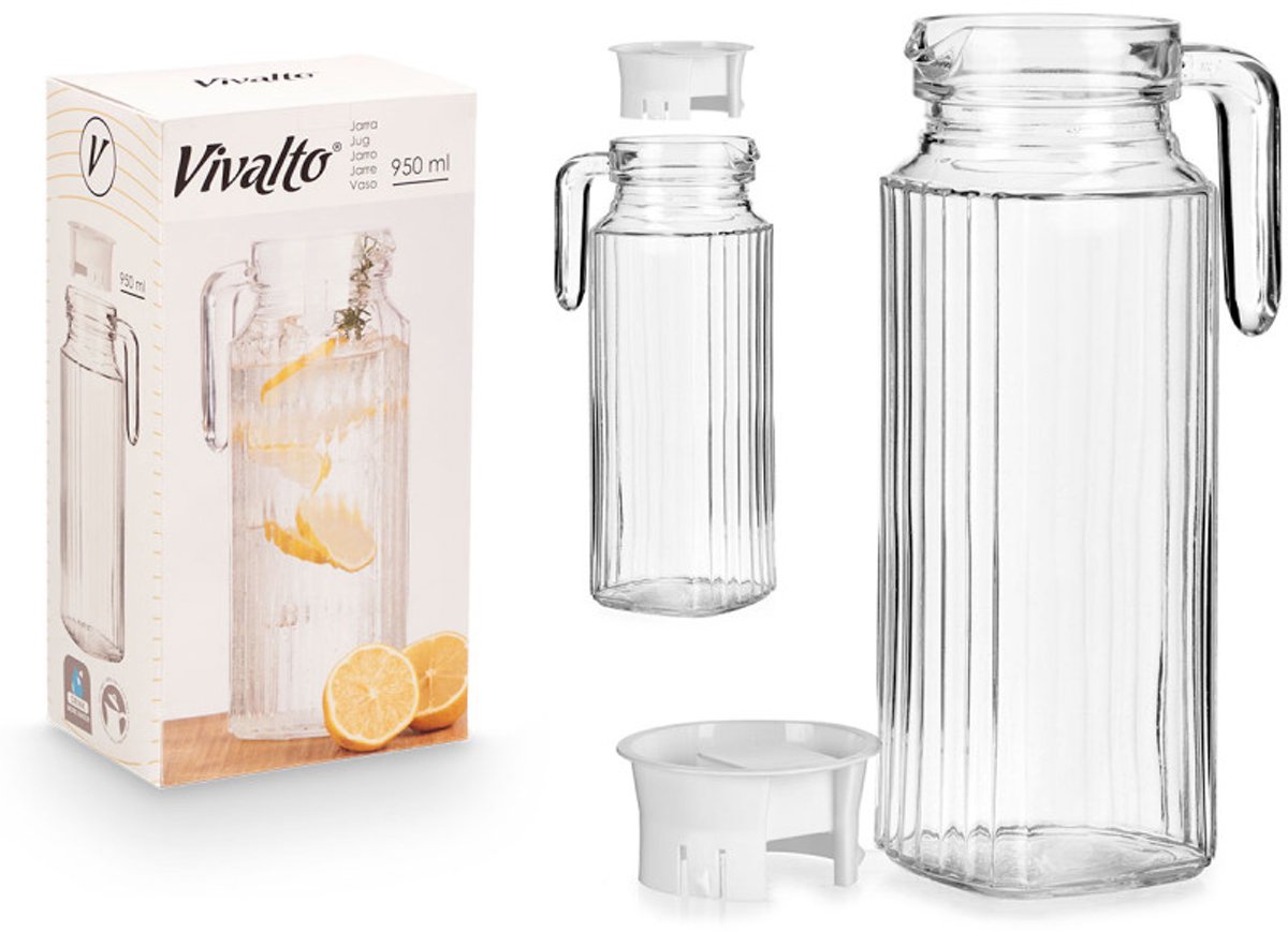 Glazen Kan met Witte Dop - Transparante Limonadekan 950 ml - Voor Dranken en IJs - 23,5 cm - Karaf