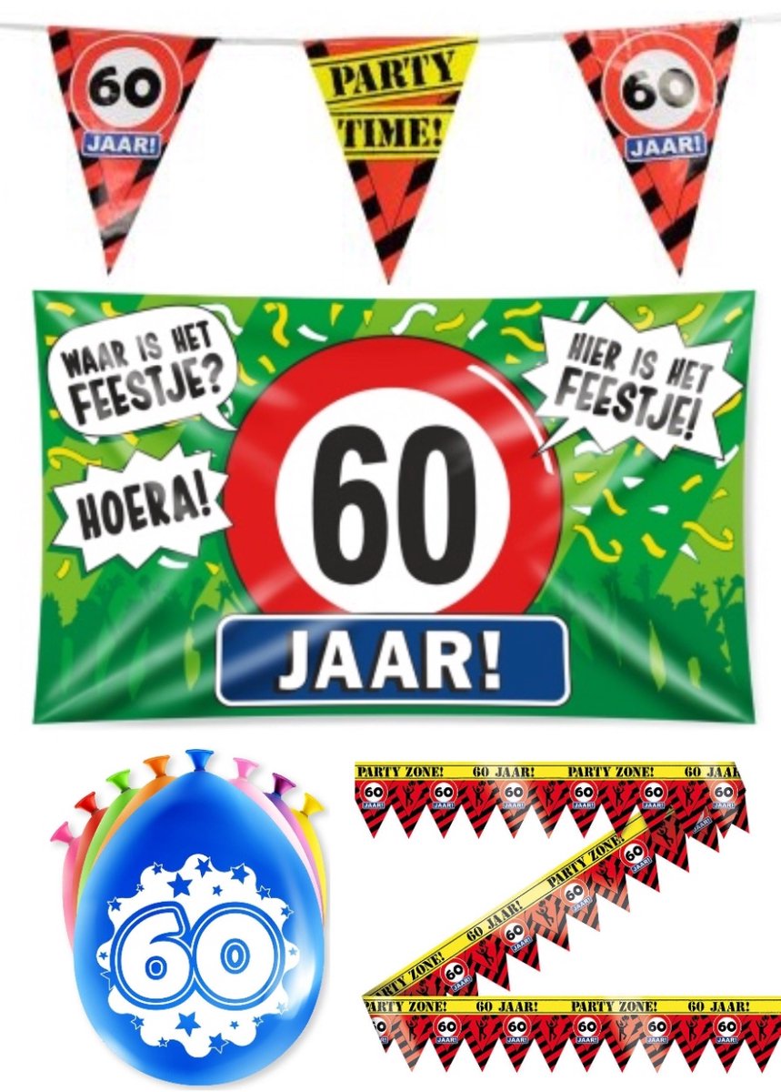 60 jaar versiering pakket - Versiering Verjaardag - Versiering Jaar Verjaardag - Slingers - Gevelvlag- Ballonnen – Afzetlint