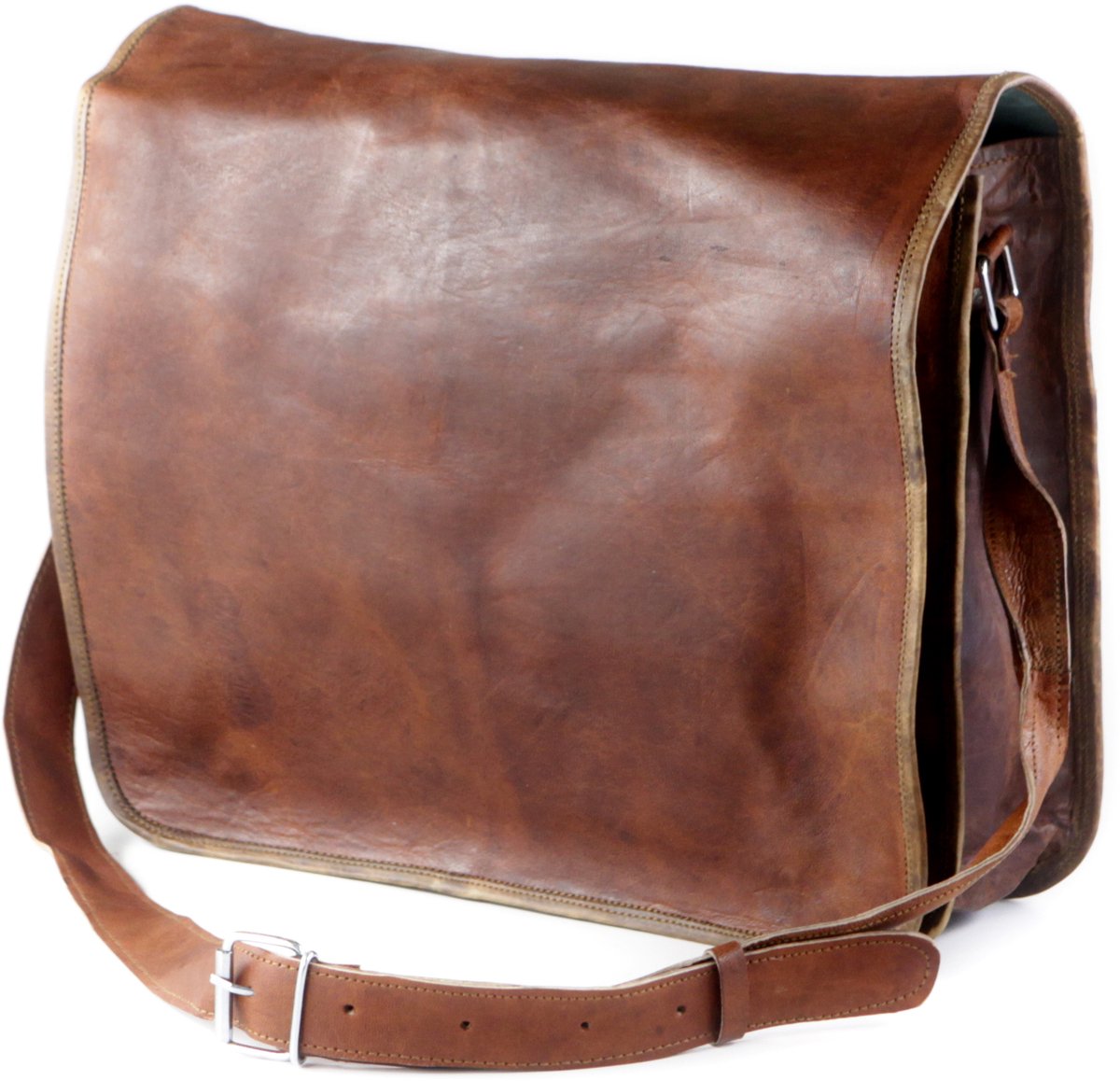 Crossbody Tas Laptoptas Echt Leer Handgemaakte Messengertas Almeria 17 inch – A4 Formaat - Echt Leer – 39x32x11 cm – Verstelbare Riem – Unisex – Echt Leer Cognac Bruin Model 102