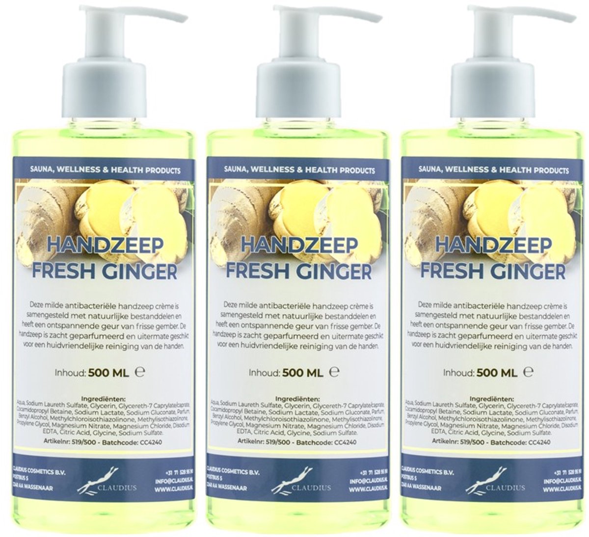 Handzeep Fresh Ginger 500 ml - set van 3 stuks - met gratis pomp - Voordeelverpakking