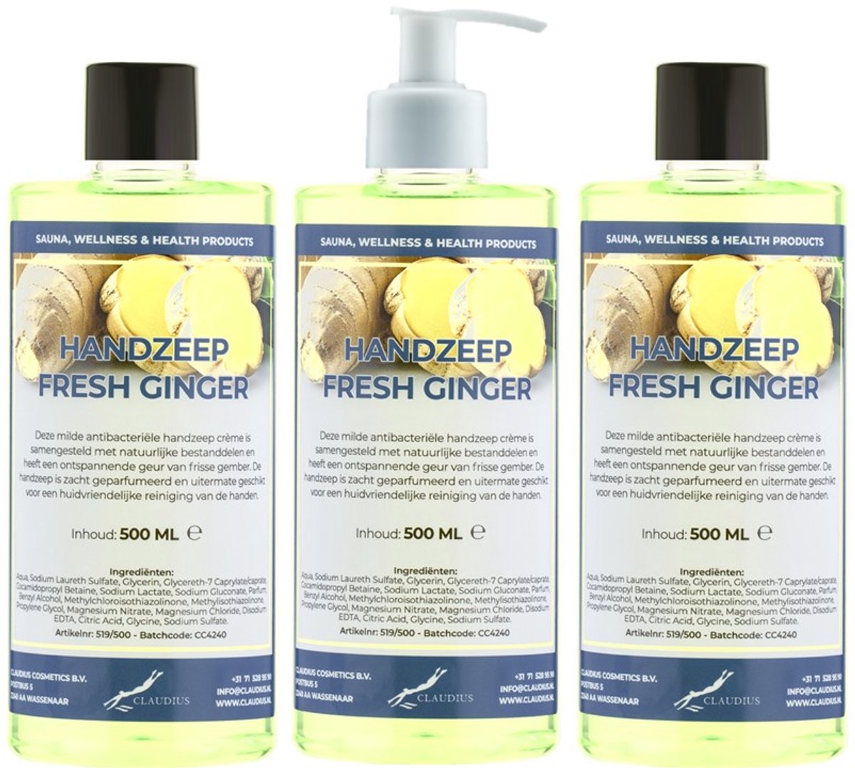 Handzeep Fresh Ginger 500 ml - set van 3 stuks - met gratis pomp - Voordeelverpakking