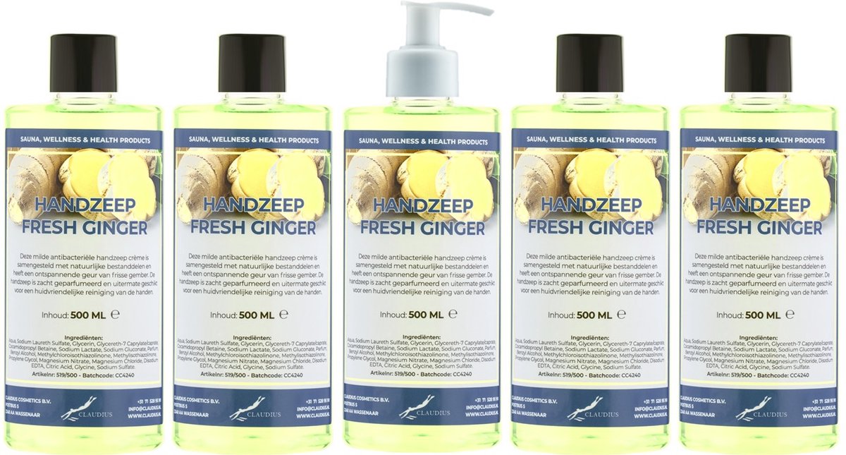Handzeep Fresh Ginger 500 ml - set van 5 stuks - met gratis pomp - Voordeelverpakking