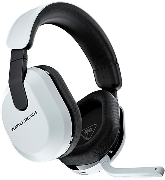 Witte Turtle Beach gaming headset met zwarte oorschelpen, microfoon en verstelbare hoofdband.
