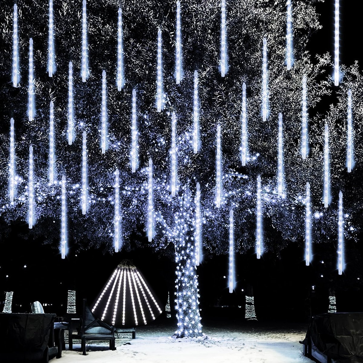 MUPOO 4x Kerstverlichting Meteorenregen Lichtsnoer voor buiten - 30cm 192 LEDS Koud Wit - 360° Buitenverlichting-Energiebesparing en milieubescherming - feest- bruiloft-tuinboom-kerstdecoratie