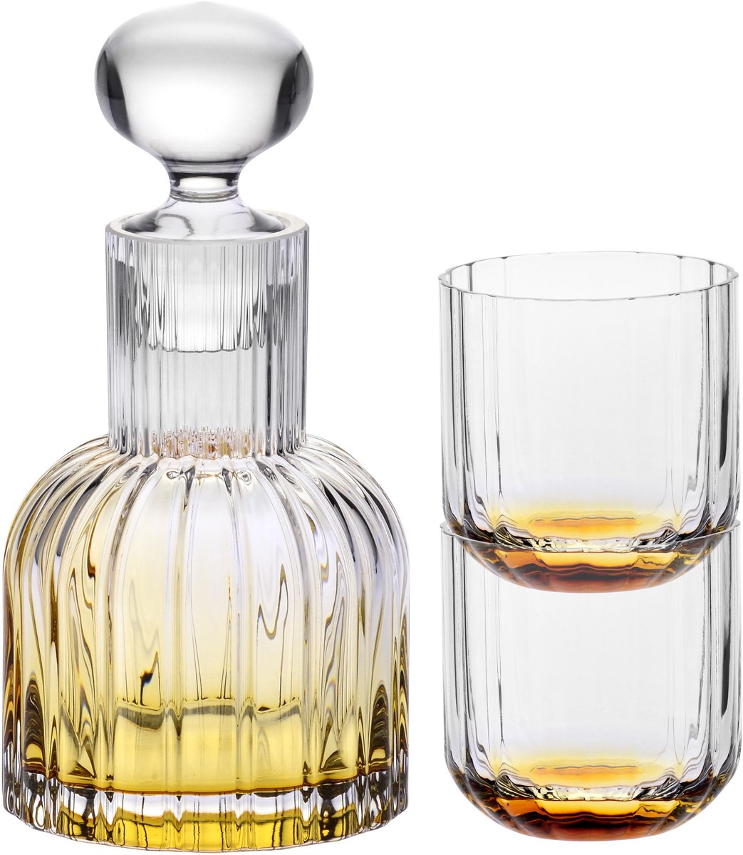 Krosno Karafset met 2 Glazen – 650 ml Karaf & 260 ml Glazen – Amber - Premium Loodvrij Kristalglas - Voor Water, Whisky, Brandy of Limonade - Elegante Geschenkset - Handwas Aanbevolen