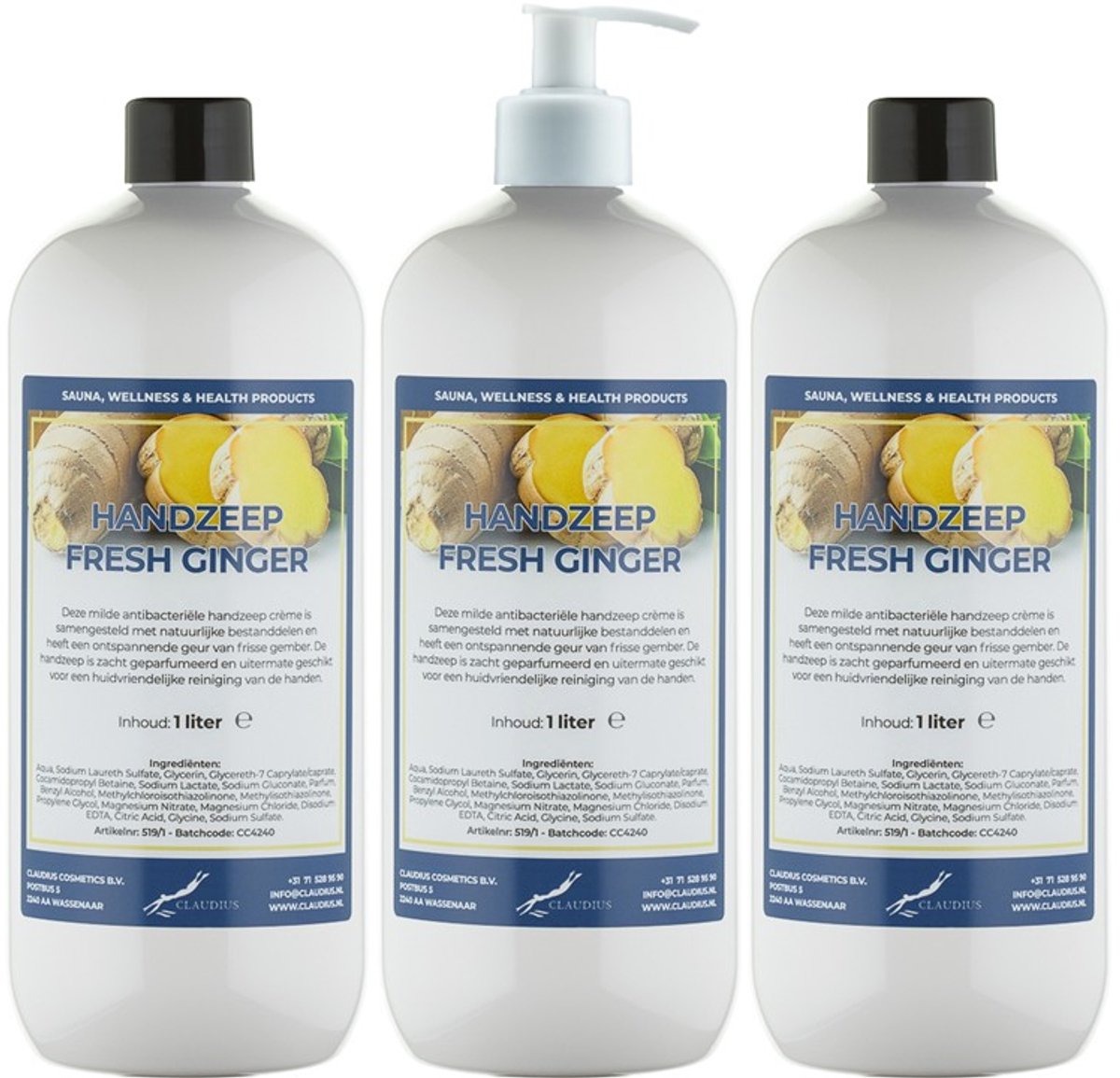 Handzeep Fresh Ginger 1 liter - set van 3 stuks - met gratis pomp - Voordeelverpakking
