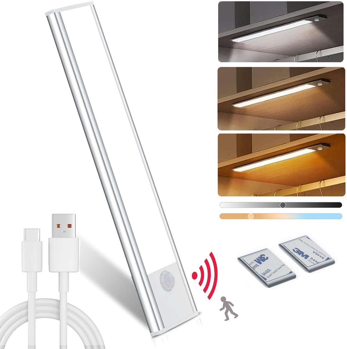 IBETTERTEC LED Onderbouwverlichting met Bewegingssensor, Oplaadbare LED Lichtstrip voor Nachtlamp, Keuken, Trappen en Woonkamer, Instelbare Kleurtemperatuur (Koud/Warm/Natuurlijk Wit), USB Oplaadbaar en Met Vaste LED-lichtbron
