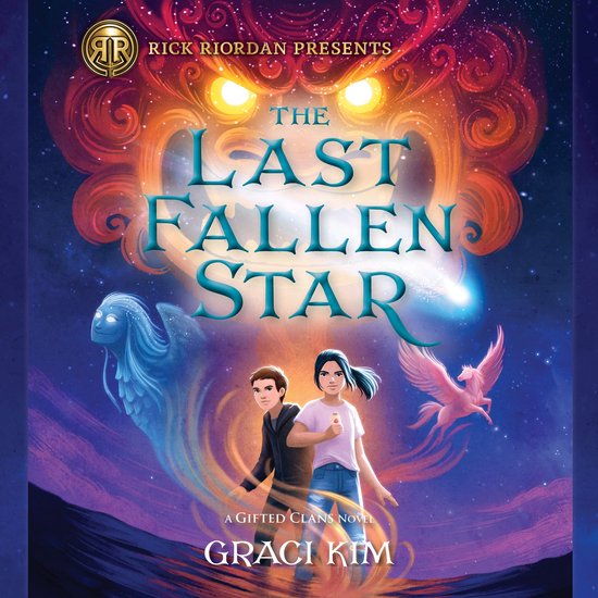 Boekomslag van 'The Last Fallen Star' door Graci Kim, met twee kinderen, een zeemeermin en een gevleugeld paard tegen een kosmische achtergrond.