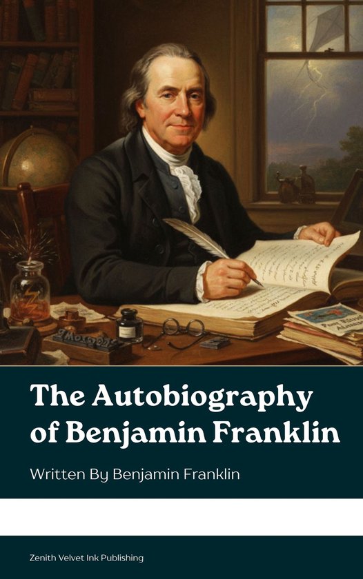 L'autobiographie de Benjamin Franklin, écrite par Benjamin Franklin. Un tableau de Benjamin Franklin assis à un bureau et écrivant.