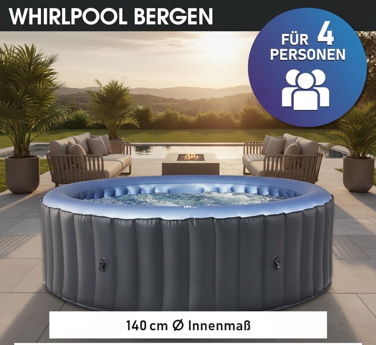 Opblaasbare Whirlpool Jacuzzi Novihome Bergen – Luxe Buiten Spa voor 4-8 Personen | Ø180-224cm | 144 Massagejets | Energiebesparend | Voor Binnen & Buiten | Gebruik Het Hele Jaar