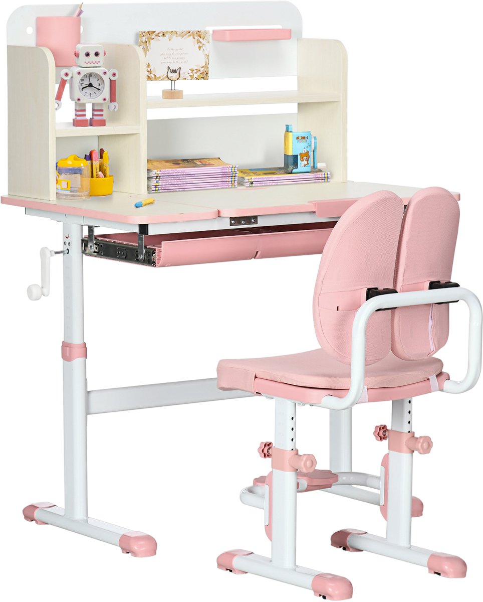 HOMCOM - Kinderbureau en stoelset - PP, staal - 80x52x109cm - roze