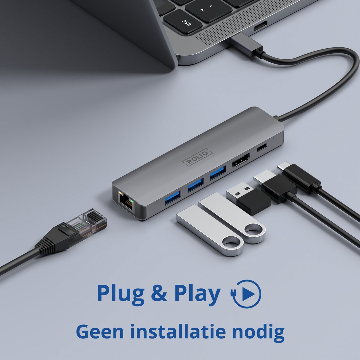 USB-C Hub 6-in-1 met HDMI 4K, Ethernet 1Gbps, USB-C laadpoort 100W, 3x USB 3.0 – Rolio, universeel voor MacBook, Windows - Afbeelding 3