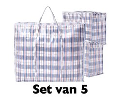 Opbergtas L 65CM (5 stuks) – 65x38x28 cm – Blauw Ruitmotief – Large Grote reistas met Rits - Big Shopper – Stevig en Opvouwbaar – Ideaal voor Reizen en Opslag - Turkentas - Boodschappentas groot